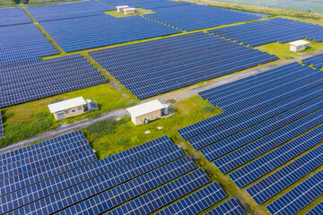 Aerial view Solar Photovoltaic. Solar plant rows array of ground mount system Installation for...