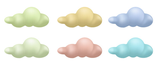 3d clouds with soft color variations isolated on a white background. 3d rendering of soft puffy and shiny clouds. 3d geometric shape vector illustration