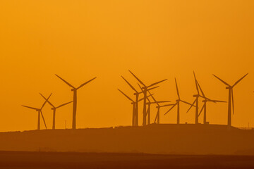 Wind turbines at sunrise in north Cornwall