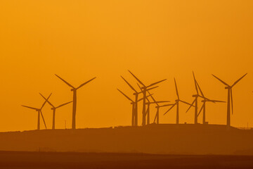 Wind turbines at sunrise in north Cornwall