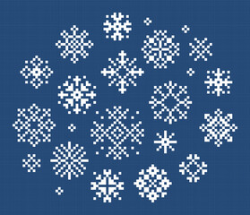 Set of vector pixel snowflakes. Christmas and winter holidays isolated design elements