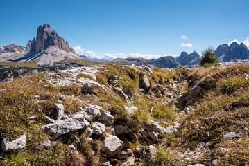 Remains of military trenches on Mount Piano in the Dolomite Alps, built during the First World War
