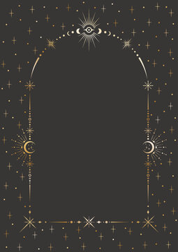 Vector mystic celestial golden arched frame with different stars, dots, beams and a copy space. Ornate magical background with shiny corners. Banner with an elegant border and a place for text