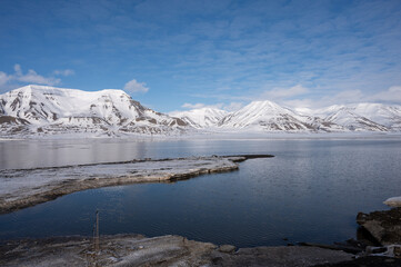 Mountains and glaciers viewed from Longyearbyen in Svalbard