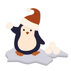 A penguin in Santa hat with snowballs on ice floe. Winter card. Clip art