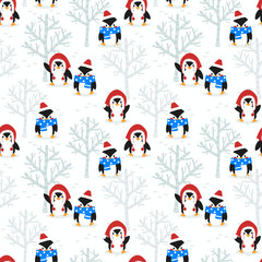Penguins in Snow Field Seamless Pattern