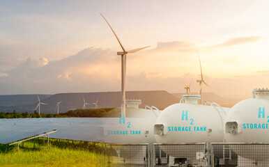 H2 fuel storage tank with green hydrogen concept. Sustainable renewable energy. Net zero emissions...
