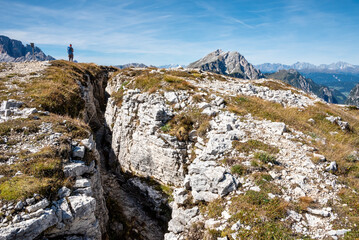 Remains of military trenches on Mount Piano in the Dolomite Alps, built during the First World War