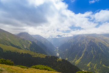 Fototapeta premium Mountain summer landscape. Snowy mountains and green grass. Peak Karakol Kyrgyzstan. Beautiful view from the top of the mountain