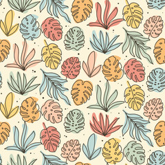 Tropical leaves seamless pattern design with pastel colors - 543857023