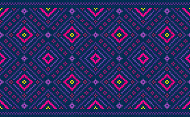 Geometric ethnic pattern, Vector embroidery abstract background, Pixel classic ethnic style, Pink and purple pattern template seamless, Design for textile, fabric, clothing, wrapping, sweater