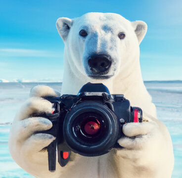 Polar bear on the beach holding a camera AI art