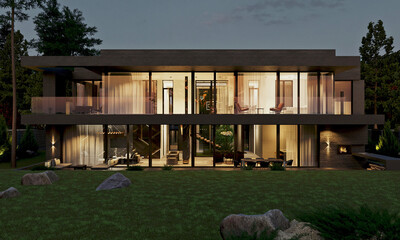 Modern house with large panoramic windows. Exterior. Brick facade of the house. Flat roof.