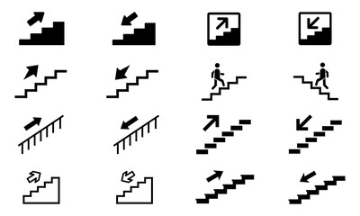 Set of stairs vector icons. Stairway up and down black icon. Climb person. Arrow direction on staircase.