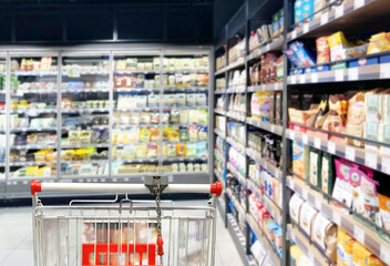 choosing a dairy products at supermarket.empty grocery cart in an empty supermarket