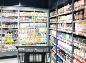 choosing a dairy products at supermarket.empty grocery cart in an empty supermarket