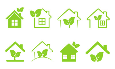 Set of eco green home vector icons. Green house concept. Ecology house. Home and leaf.