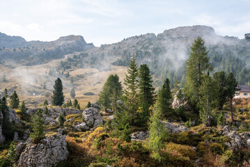 Low clouds in the mountains of the Valparola Pass, Dolomite Alps in South Tirol
