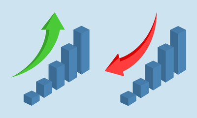 Fototapeta premium Financial arrows up and down. Vector 3d graph with green and red arrows. Chart with increase, decrease. Vector 10 EPS.