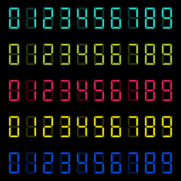 Set of digital numbers on black background. Electronic led display. Neon dial. Numeric screen. 