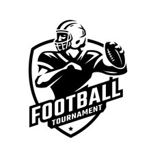 Logo, emblem with an American football player and the inscription Football tournament. Vector illustration.