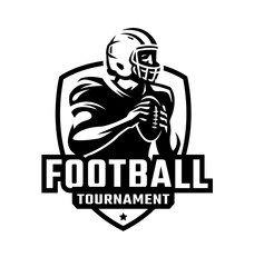 Logo, emblem with an American football player and the inscription Football tournament. Vector illustration.