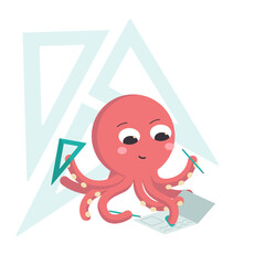 Octopus cartoon character in red color is working and studying with notebook, pencils and ruler.