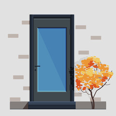 The entrance door is dark blue with a large window, a handle and a lock. Stairs to the door and a brick wall with a tree next to it. Vector illustration isolated on gray background.