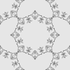 seamless botanical pattern of painted oriental motifs on a white background