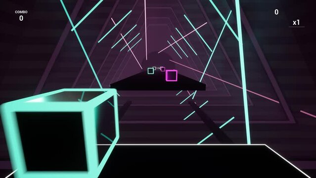 Gameplay of saber music rhythm game in first person smartphone. Fake game with cuts cubes by beat by fingers touchscreen in saber game metaverse. 140 bpm. Neon environment and dynamic stage lights.