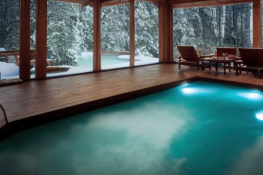 Outdoor Spa Pool In Winter 3d Illustration, With Copy Space, Reflecting Luxury And Relaxation Mode