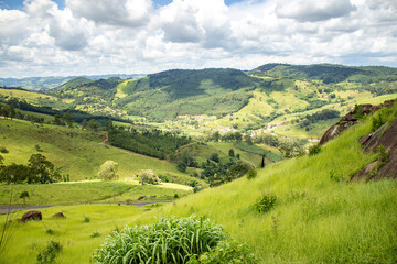 View of Pedra Bela(beautiful stone) climbing site and mega zip line, with the catholic shrine on top, located in the city of Pedra Bela, state of São Paulo, Brazil