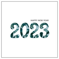 Cute, cozy, minimalistic New year or Christmas card with numbers of the year 2023. Mosaic triangle green pattern design. Vector illustration for product design, banners, cards in cartoon doodle style