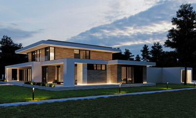 Modern house with large panoramic windows. Evening illumination of the facade. Stone facade of the house. House with pool