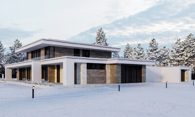 Modern house with large panoramic windows. House in the winter in the snow. Facade of a stone house. House with pool