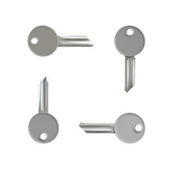 3d iron keys vector mockup set. Realistic silver metal latchkeys as symbols of security, safety, property ownership and open access