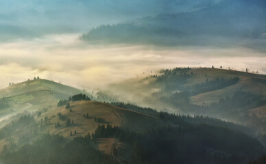 silhouettes of morning mountains. foggy morning in the Carpathians. Mountain landscape