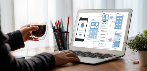 UX UI design process for modish mobile application and website . Creative prototype of wireframe...