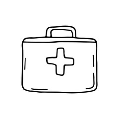 Medical first aid kit. A set of dressings, tools and devices intended for first aid. Urgent care. Doodle. Hand drawn. Vector illustration. Outline.