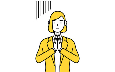 体の前で手を合わせて謝るスーツ姿の女性のシンプルな線画イラスト
