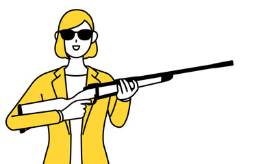 Naklejka premium サングラスをかけてライフル銃を持つスーツ姿の女性のシンプルな線画イラスト