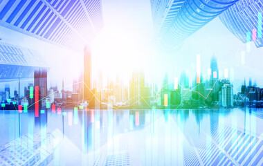 Financial graphs and digital indicators overlap with modernistic urban area, skyscrabber for stock market business concept. Double exposure.
