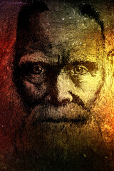 Cosmic portrait of an old grandfather. Sketch of an old man on a gradient background