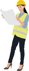 Obraz premium A female worker is wearing a helmet and a vest looking at a blueprint. Hand-drawn vector illustration isolated on white. Full length view