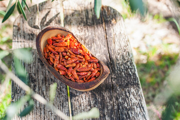 Hot spicy chili pepers. Close up of dried red dry chili pepers in a wooden bowl. Hot chili pepers...