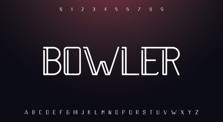 Bowler Tech font. Modern line font alphabet. Internet, electric letter fonts. Creative font for electronic dance music. MINIMAL digital technology typography and number set.