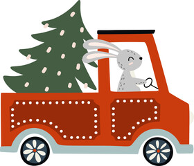 Rabbit riding a retro truck with a pine tree. Christmas concept. Cartoon illustration clipart