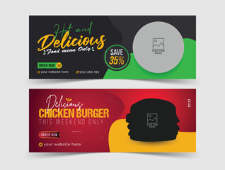 Food menu and delicious burger Facebook cover social media photo banner template design premium vector