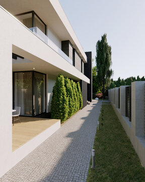 Modern Home On A Small Lot. 3D Visualization Of The House. Bright Facade Of The House. Panoramic Windows