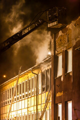 a building after the fire at night